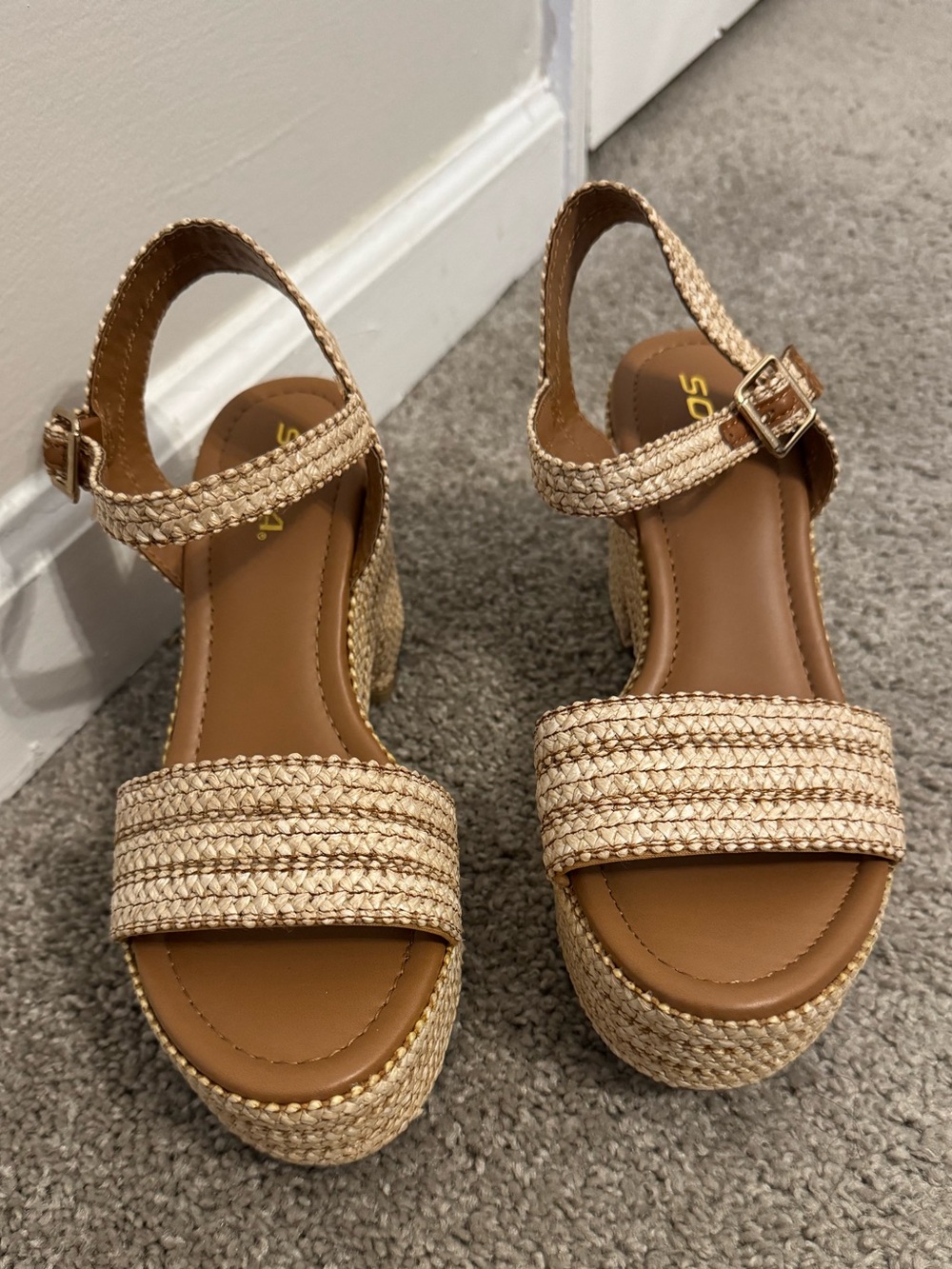 Soda Castle open toe ankle strap wedge size 7